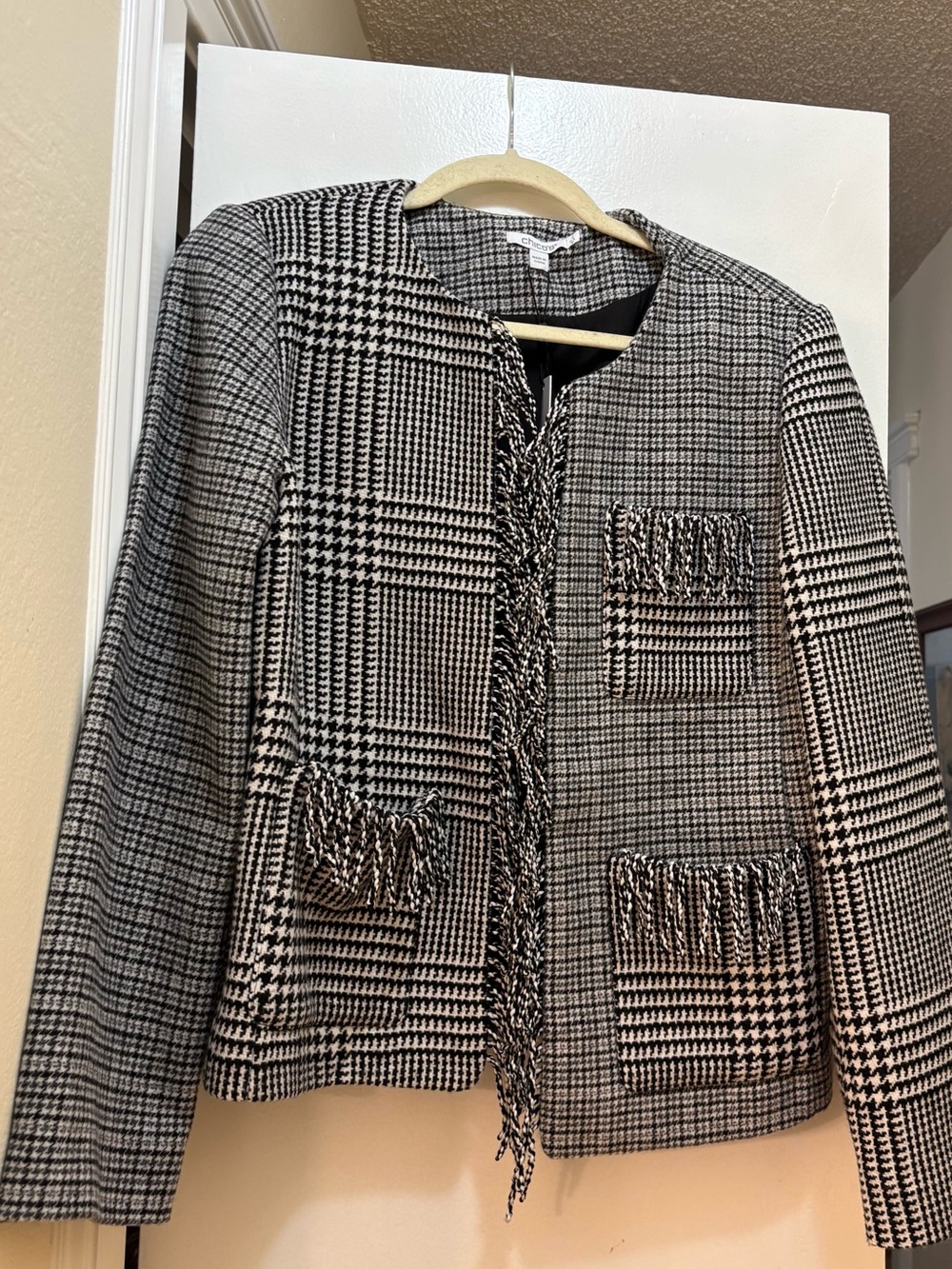 Chico's Black and White Plaid Fringe-Trim Blazer